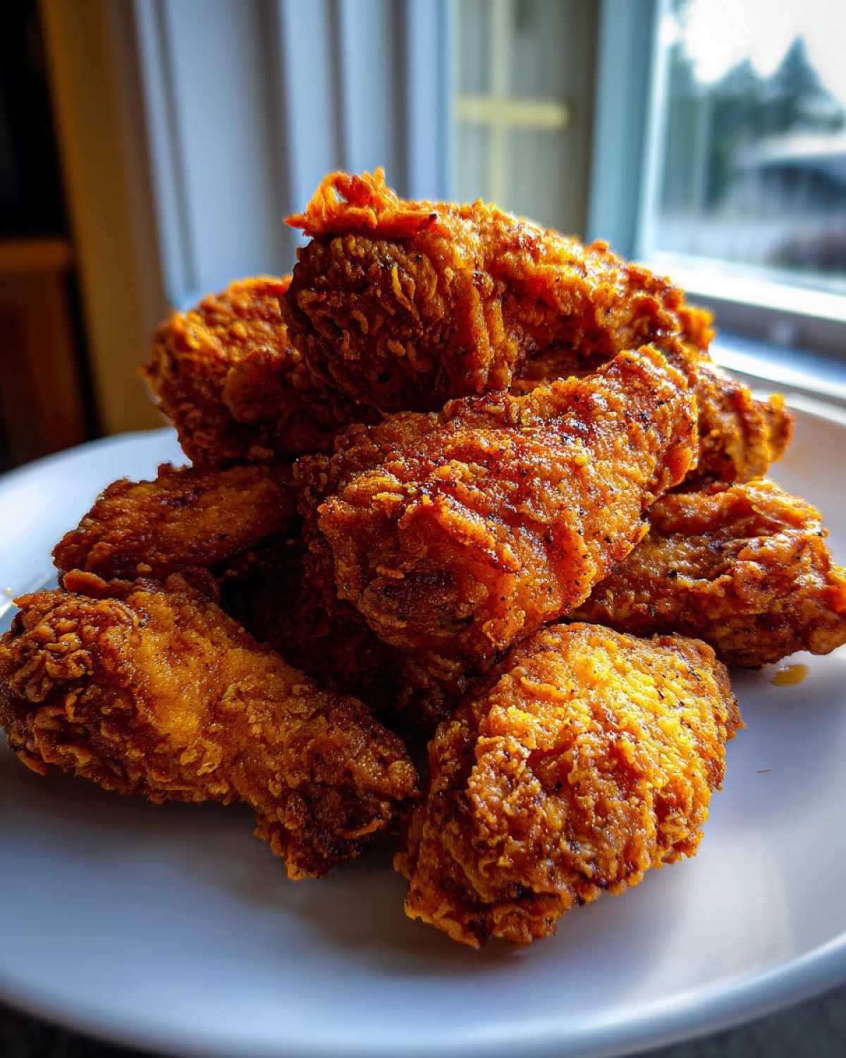 A close-up of a pile of golden brown, crispy fried chicken wings resting on a white plate.