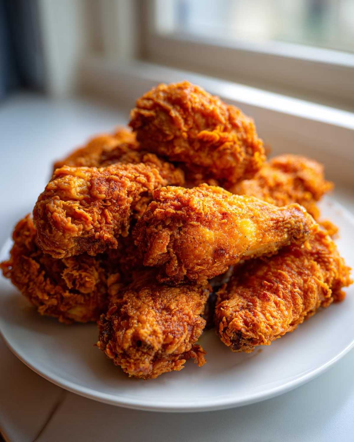 A close-up of several golden-brown, crispy fried chicken wings piled high on a white plate.