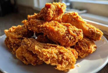 A close-up of a pile of golden brown, crispy fried chicken wings resting on a white plate.