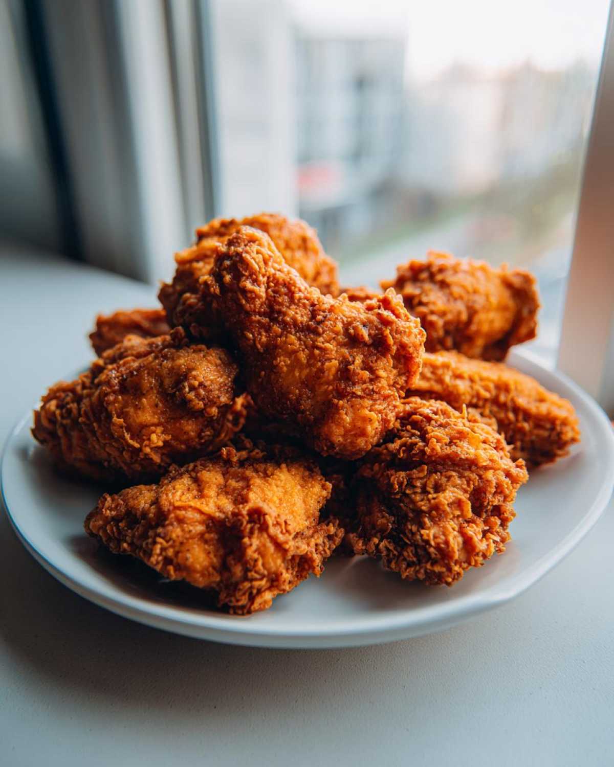 A pile of golden brown, crispy fried chicken wings stacked on a white plate near a window.