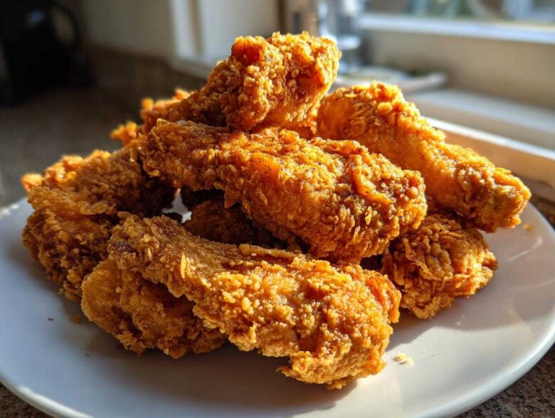 A close-up of a pile of golden brown, crispy fried chicken wings resting on a white plate.