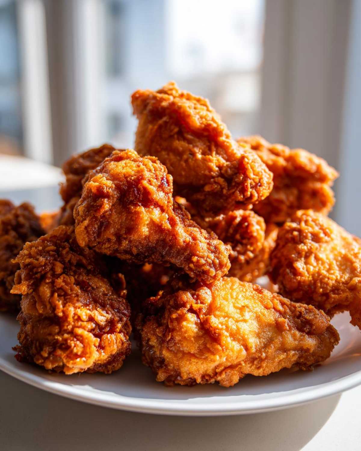 A close-up shot of a mound of perfectly cooked, crispy fried chicken wings piled high on a white plate.