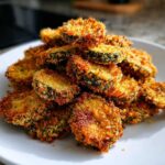 Close-up of a pile of crispy, golden-brown Fried Pickles with a thick breading, served on a white plate.