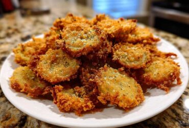 A generous pile of golden brown, crispy Fried Pickles seasoned with herbs and salt on a white plate.