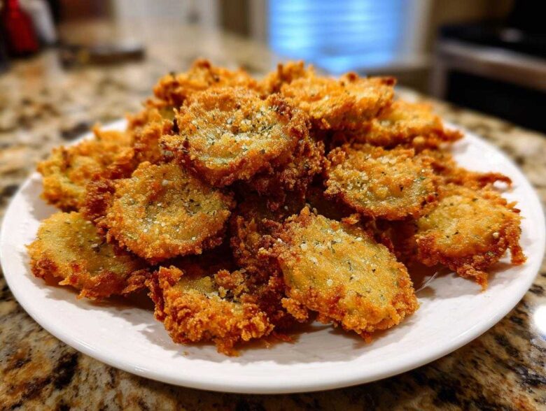 A generous pile of golden brown, crispy Fried Pickles seasoned with herbs and salt on a white plate.