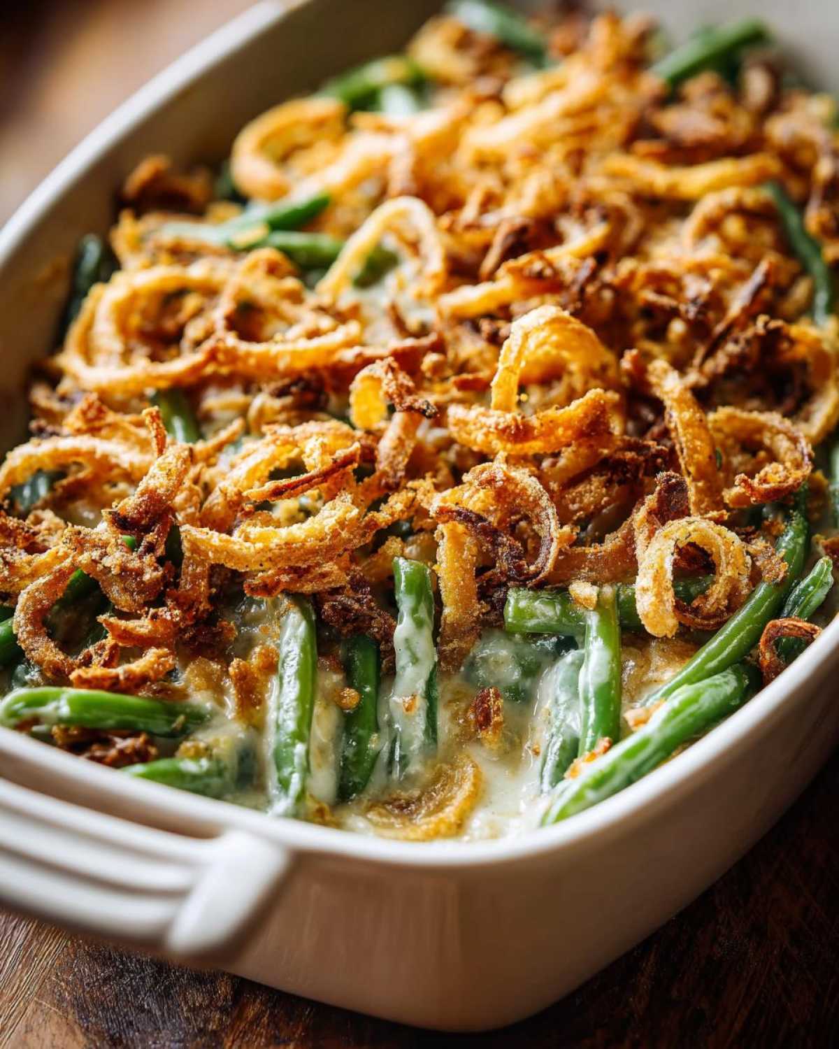 Close-up of a creamy green bean casserole topped generously with crispy fried onions.