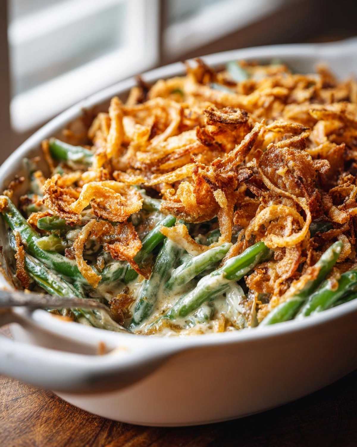 Close-up of creamy green bean casserole topped generously with crispy fried onions.