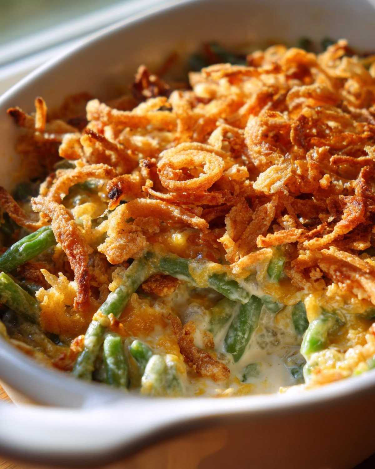 Close-up of a creamy green bean casserole topped generously with crispy fried onions.