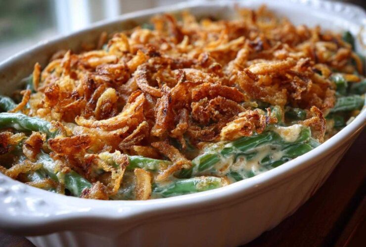 Close-up of a creamy green bean casserole topped generously with crispy fried onions.