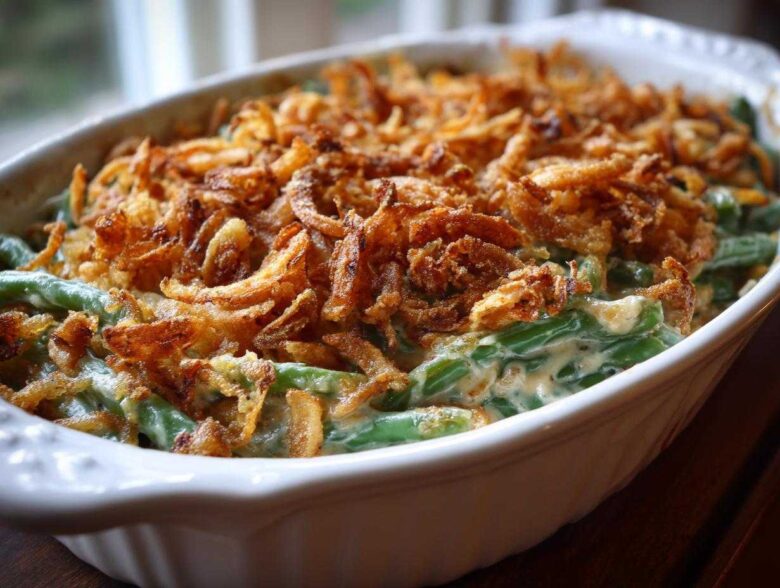 Close-up of a creamy green bean casserole topped generously with crispy fried onions.