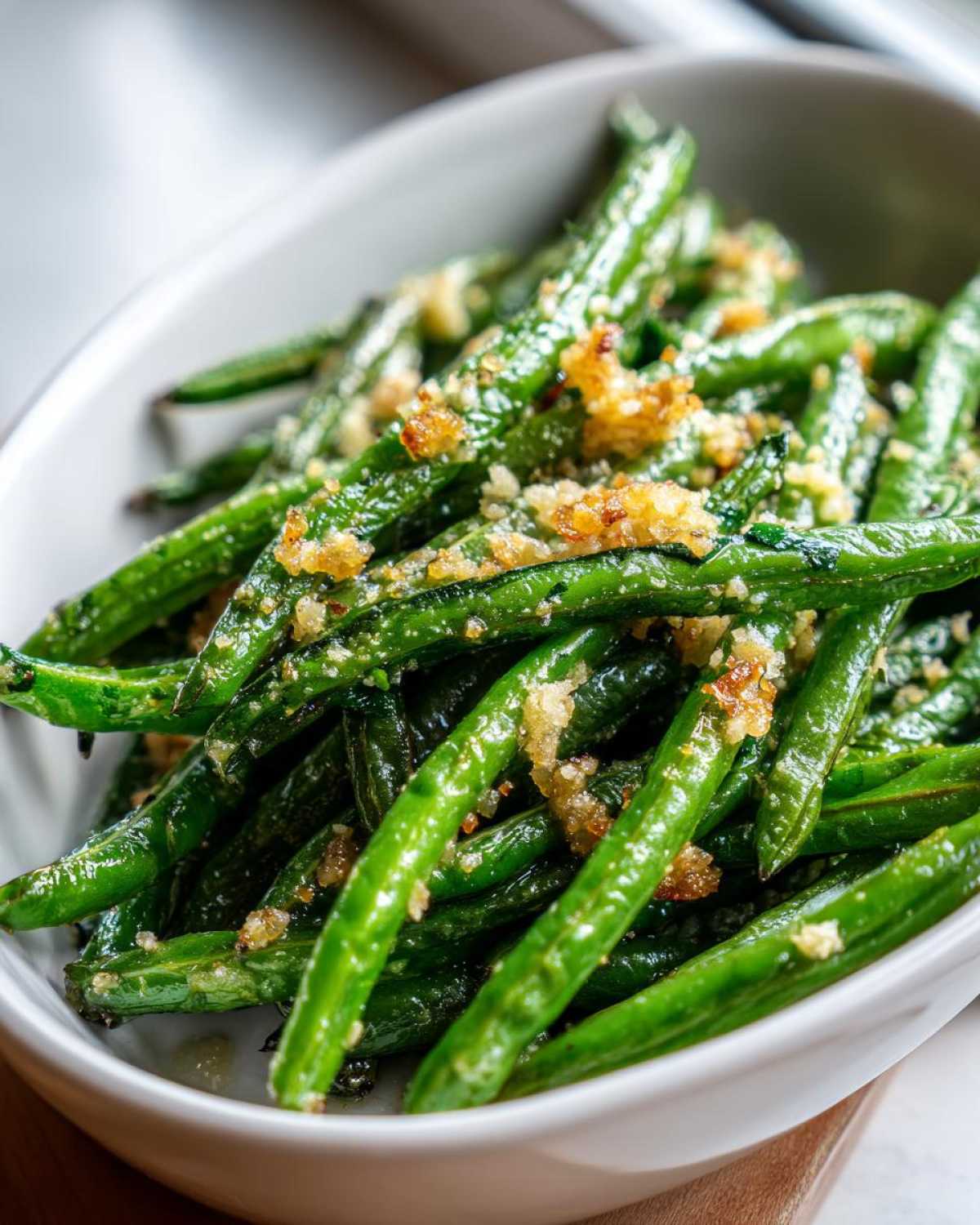 Close-up of vibrant, glossy green beans topped with crispy garlic parmesan breadcrumbs.