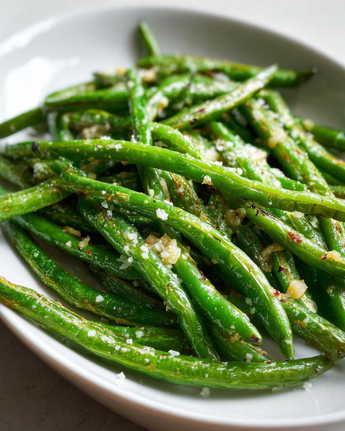 Close-up of vibrant, bright green beans sautéed with garlic and sprinkled with coarse salt.