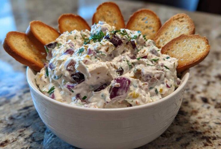 A creamy, chunky hoagie dip garnished with herbs and served in a white bowl surrounded by toasted baguette slices.