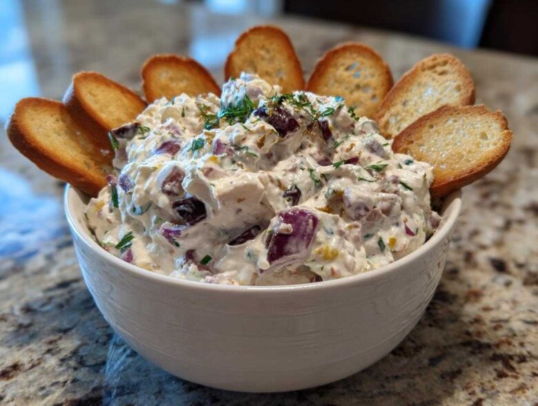 A creamy, chunky hoagie dip garnished with herbs and served in a white bowl surrounded by toasted baguette slices.