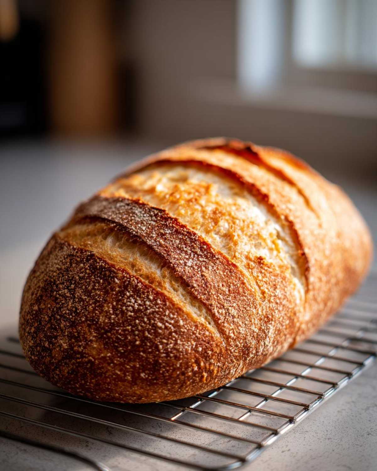 A beautifully scored, golden-brown loaf of homemade Italian bread resting on a wire cooling rack.