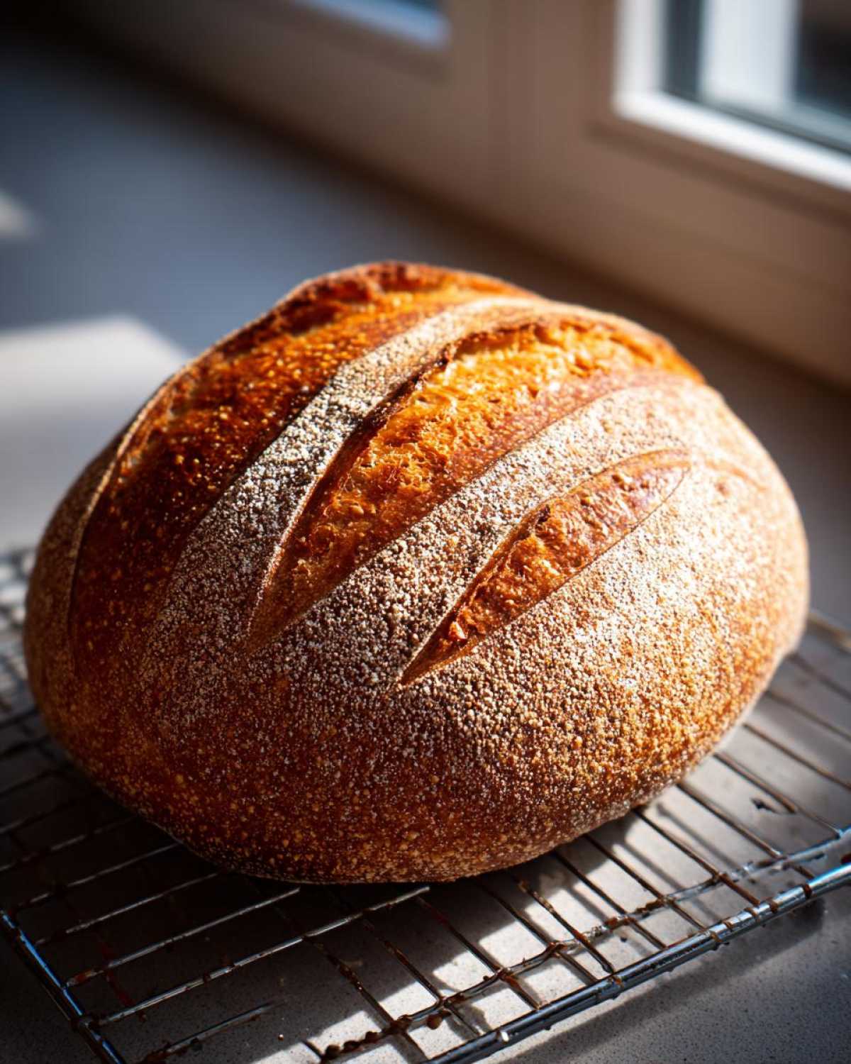 A beautifully scored, golden-brown loaf of homemade Italian bread cooling on a wire rack near a window.