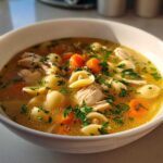 A close-up of a steaming bowl of amazing italian penicillin soup featuring broth, shredded chicken, pasta shells, carrots, and parsley.