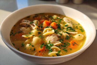 A close-up of a steaming bowl of amazing italian penicillin soup featuring broth, shredded chicken, pasta shells, carrots, and parsley.