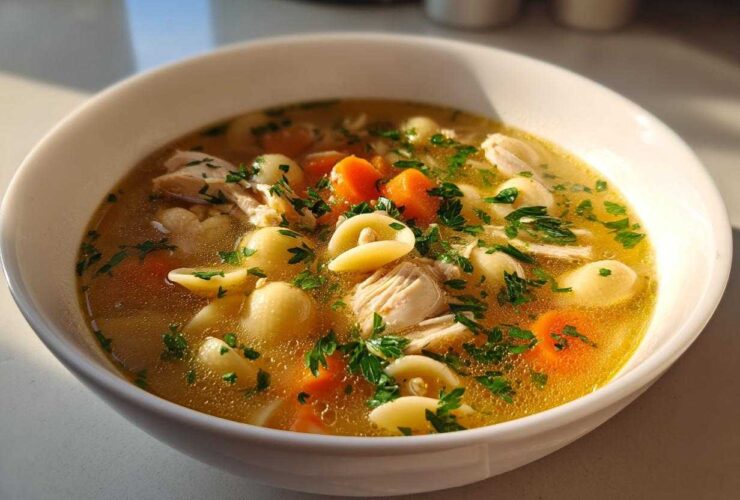 A close-up of a steaming bowl of amazing italian penicillin soup featuring broth, shredded chicken, pasta shells, carrots, and parsley.