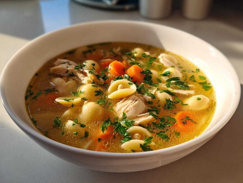 A close-up of a steaming bowl of amazing italian penicillin soup featuring broth, shredded chicken, pasta shells, carrots, and parsley.