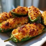 A plate of freshly baked jalapeño poppers featuring bright green peppers and a crispy, golden-brown cheese topping.