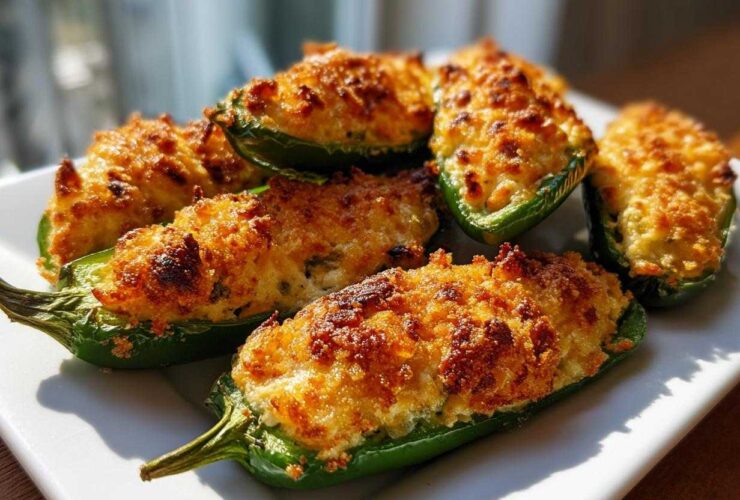 A plate of freshly baked jalapeño poppers featuring bright green peppers and a crispy, golden-brown cheese topping.