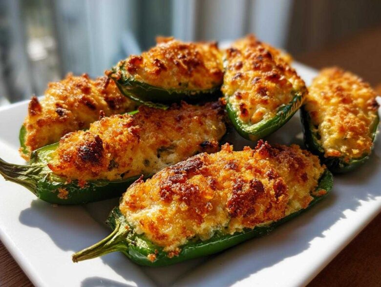 A plate of freshly baked jalapeño poppers featuring bright green peppers and a crispy, golden-brown cheese topping.
