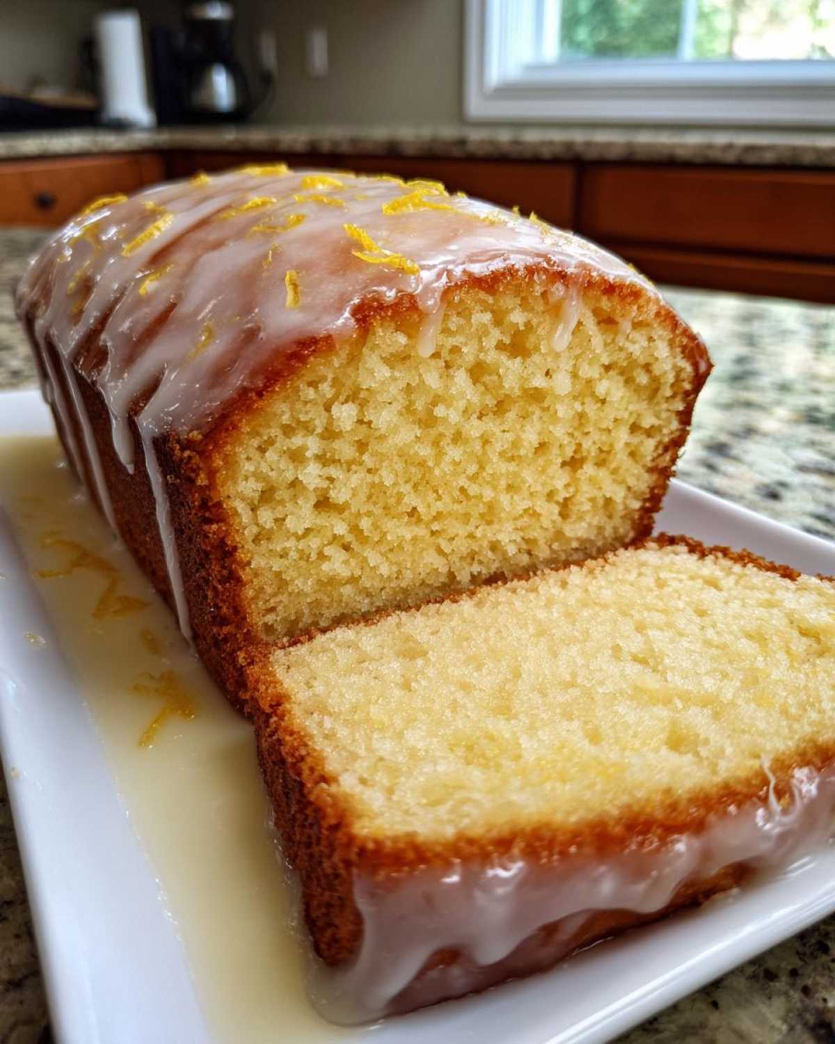 A slice cut from a moist lemon pound cake topped with a thick white glaze and lemon zest.