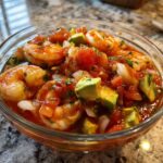 Close-up of a glass bowl filled with vibrant mexican shrimp cocktail featuring plump shrimp, diced avocado, onion, and tomato sauce.