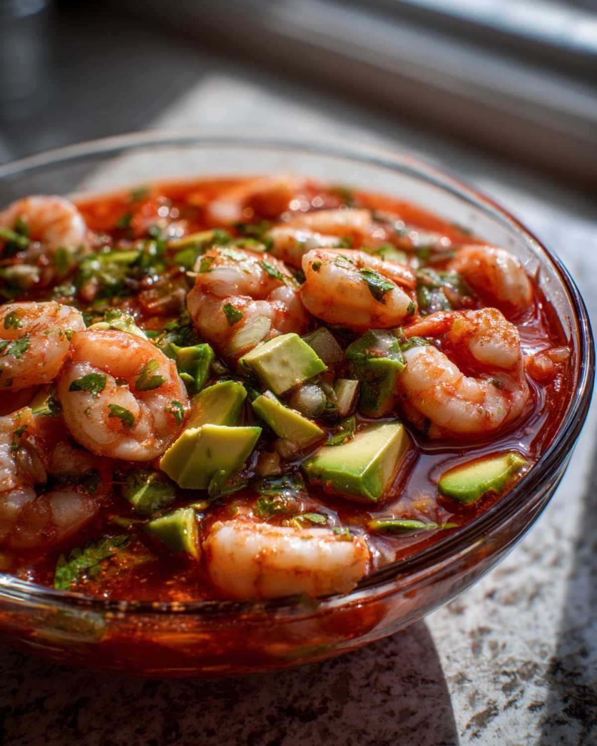 Close-up of a glass bowl filled with amazing mexican shrimp cocktail, featuring plump shrimp and avocado chunks in a red sauce.