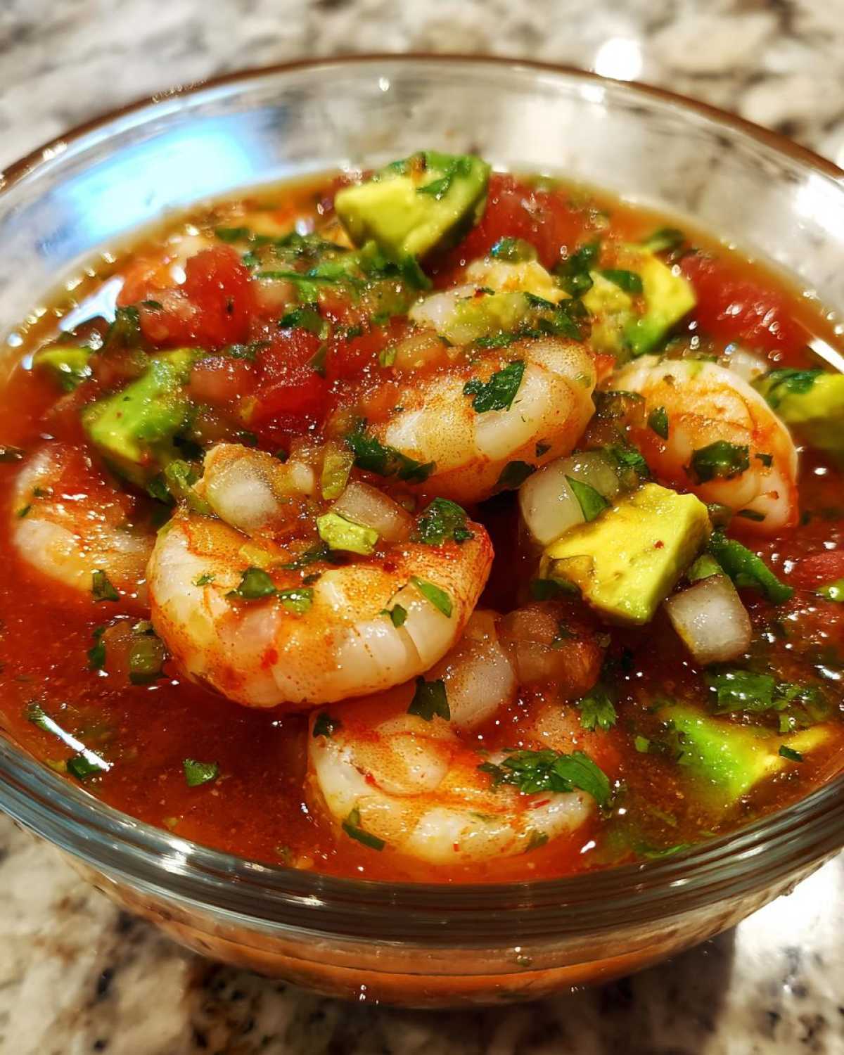 Close-up of a glass bowl filled with amazing mexican shrimp cocktail, featuring plump shrimp, avocado chunks, and tomato sauce.
