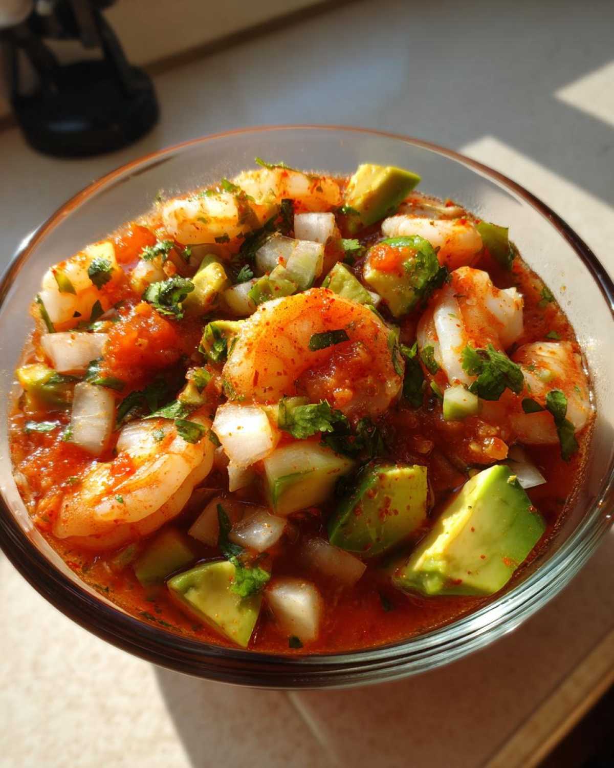 Close-up of a glass bowl filled with amazing mexican shrimp cocktail featuring shrimp, avocado chunks, and onion in red sauce.