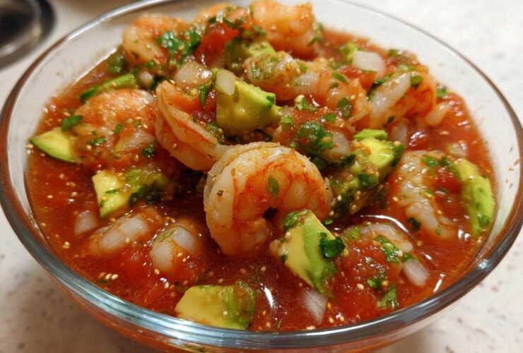 Close-up of a glass bowl filled with amazing mexican shrimp cocktail, featuring plump shrimp, avocado chunks, and a rich tomato-based sauce.
