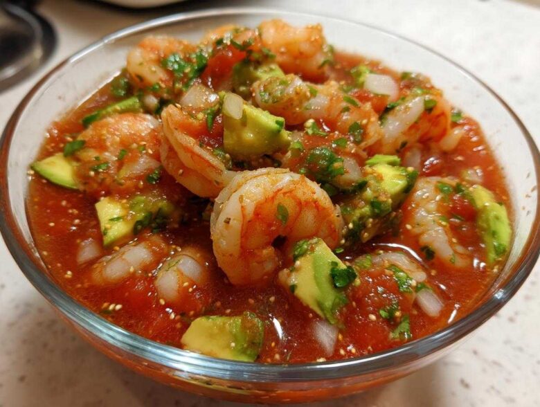 Close-up of a glass bowl filled with amazing mexican shrimp cocktail, featuring plump shrimp, avocado chunks, and a rich tomato-based sauce.