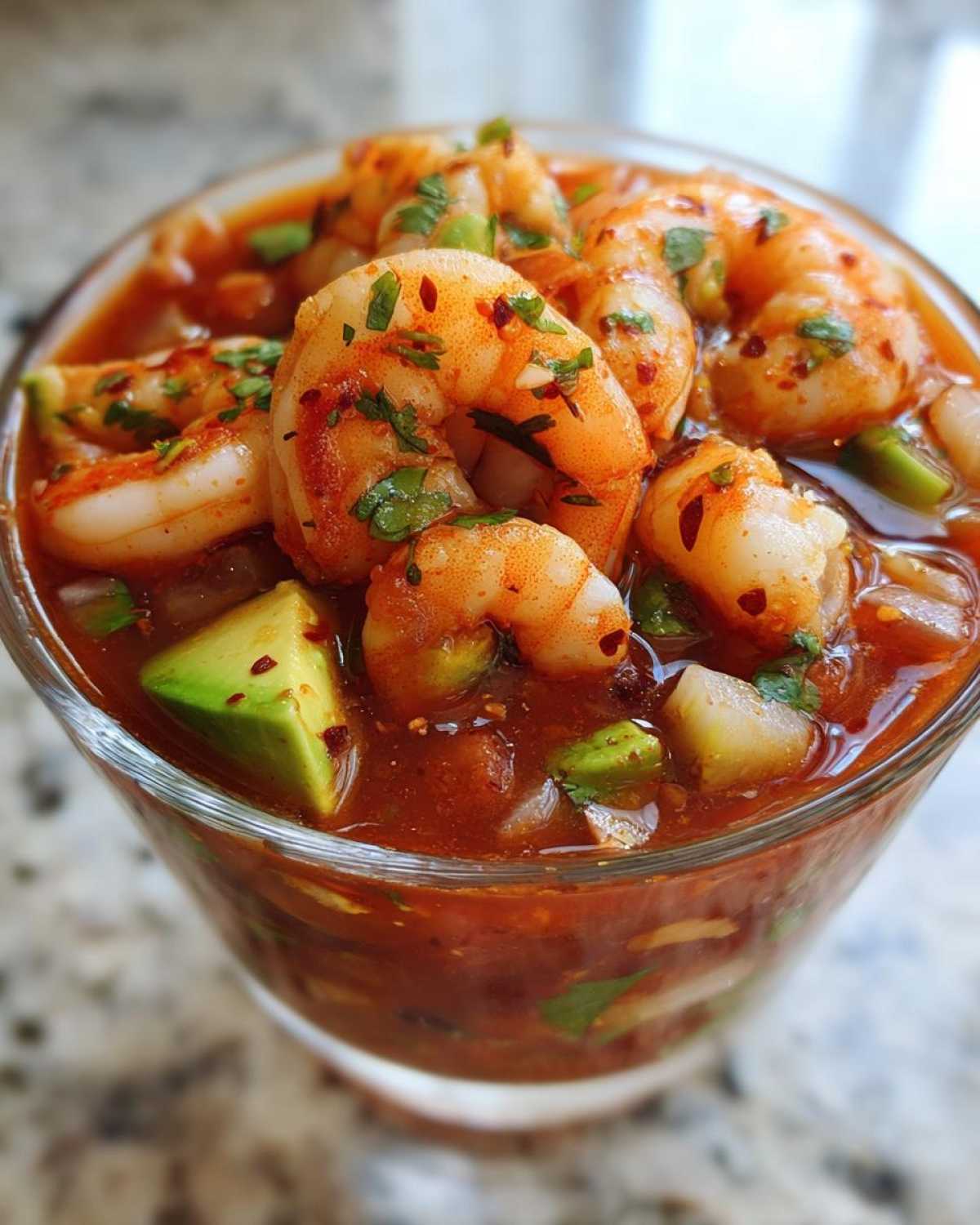 Close-up of a glass filled with amazing mexican shrimp cocktail, featuring plump shrimp, avocado chunks, and cilantro in a rich red sauce.