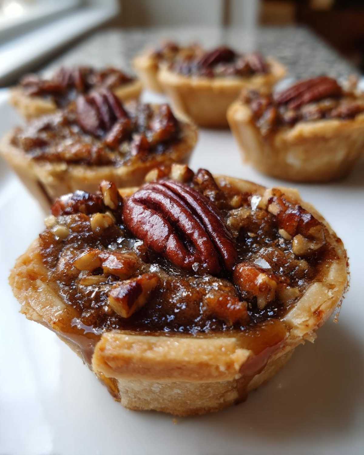 Close-up of one perfectly baked mini pecan pie filled with gooey caramel and topped with a whole pecan half.