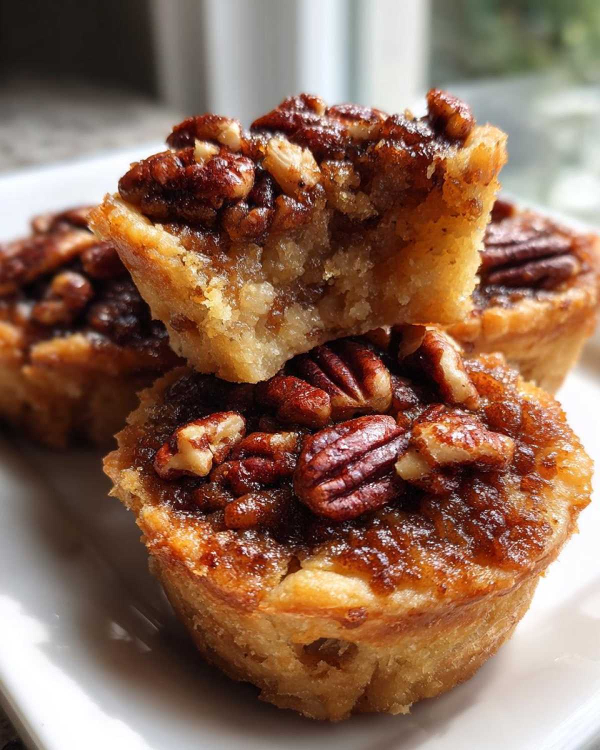 A stack of two gooey, golden mini pecan pies topped with whole pecans, showing the soft interior of the top pie.