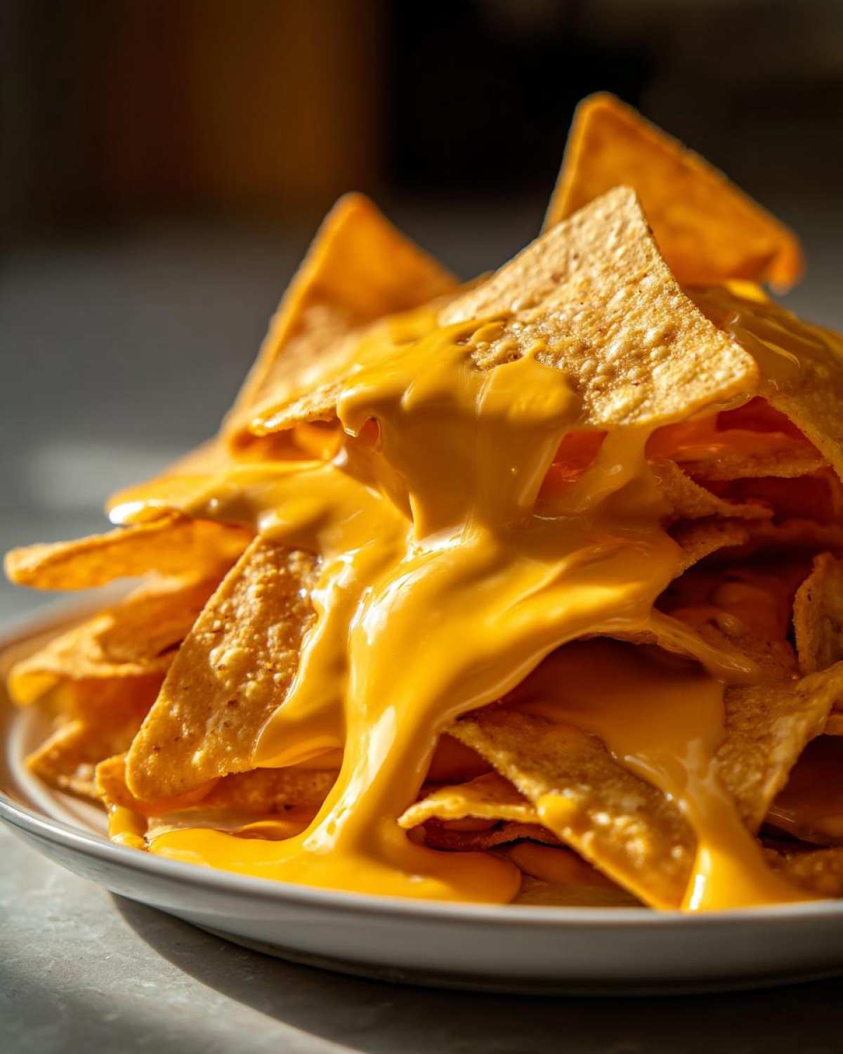 A close-up of tortilla chips piled high and smothered in thick, bright yellow nacho cheese sauce.