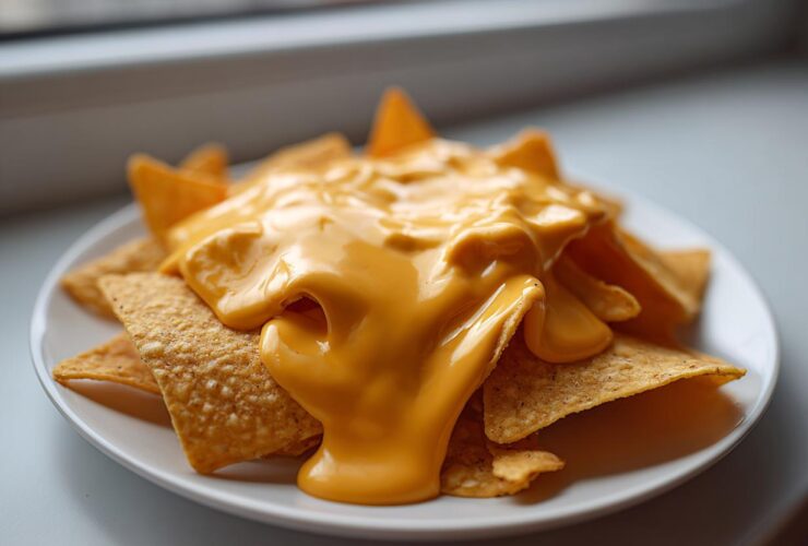 Close-up of tortilla chips smothered in thick, smooth nacho cheese sauce on a white plate.