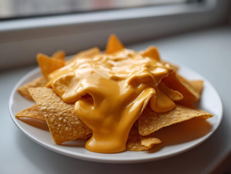 Close-up of tortilla chips smothered in thick, smooth nacho cheese sauce on a white plate.