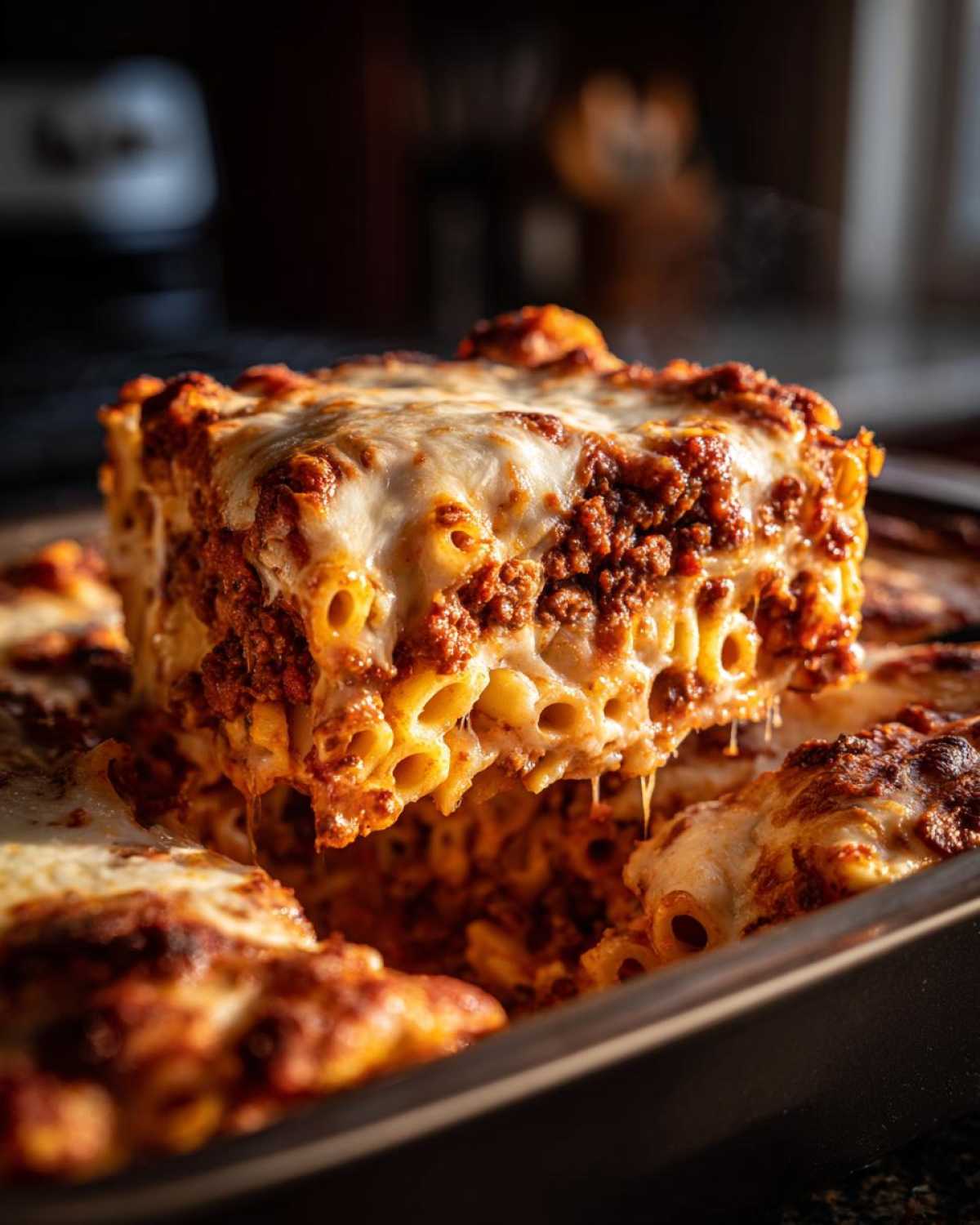 A square slice of rich, meaty pasta bake being lifted from a dark baking dish, showing melted cheese.