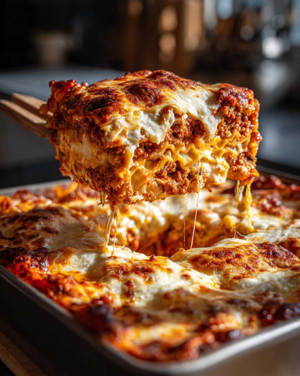 A serving utensil lifts a cheesy, layered slice of lasagna-style pasta bake out of the baking dish.