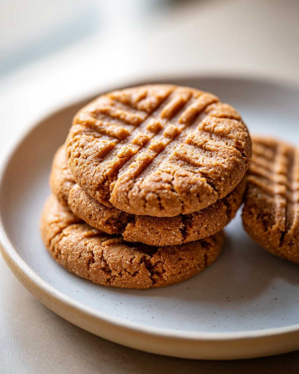 Close-up of a stack of three freshly baked peanut butter cookies showing classic crosshatch fork marks.