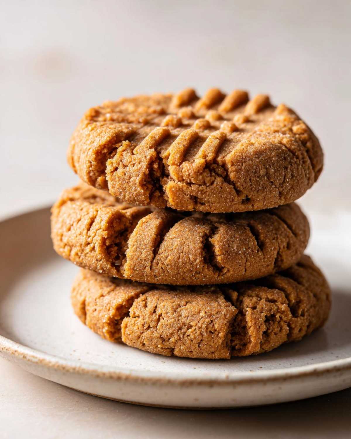 Three classic peanut butter cookies stacked on a light ceramic plate, showing the traditional crisscross fork marks.