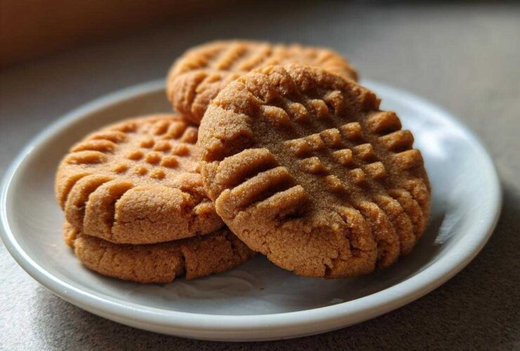 Four delicious peanut butter cookies stacked on a small white plate, showing the classic criss-cross fork marks.