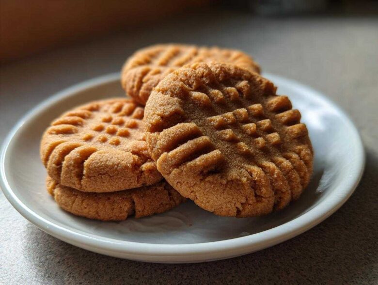 Four delicious peanut butter cookies stacked on a small white plate, showing the classic criss-cross fork marks.