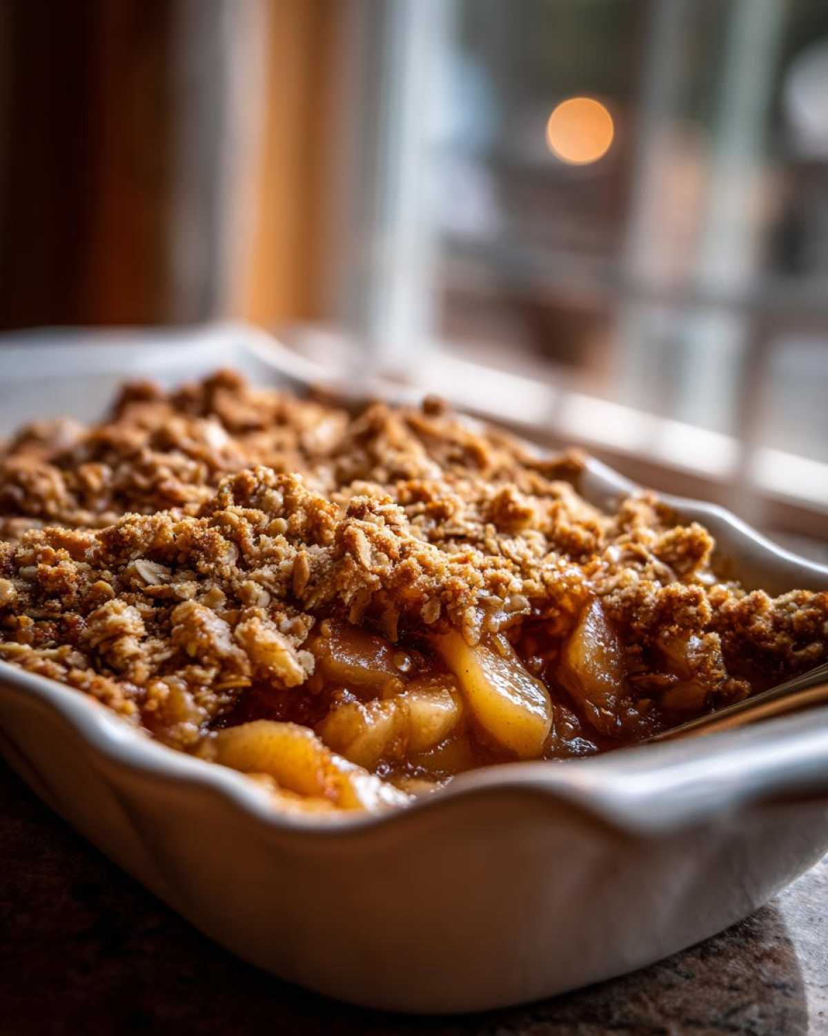 Close-up of a freshly baked pear crisp with a golden, crunchy oat topping and soft, caramelized pears underneath.