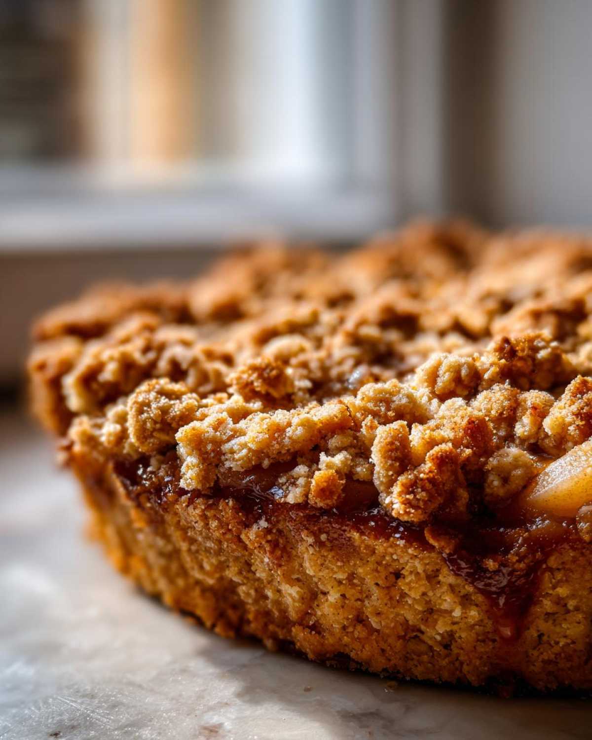 Close-up of the golden, crumbly topping and caramelized filling of an amazing pear crisp.
