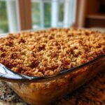 Close-up of a golden brown, crumbly topping on a freshly baked pear crisp in a clear glass baking dish.