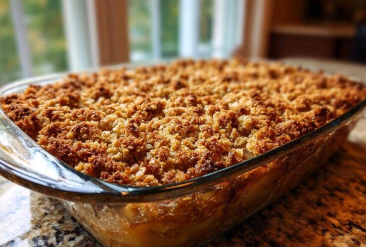Close-up of a golden brown, crumbly topping on a freshly baked pear crisp in a clear glass baking dish.